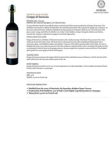 Grappa di Sassicaia Fact Sheet