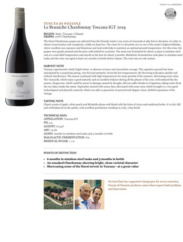 Le Bruniche Chardonnay Toscana IGT 2019 Fact Sheet