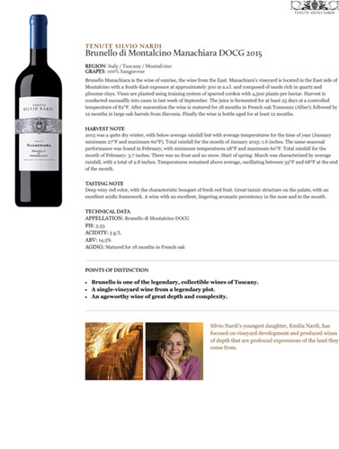 Brunello di Montalcino Manachiara DOCG 2015 Fact Sheet