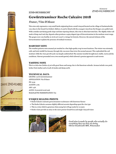 Gewürztraminer Roche Calcaire 2018 Fact Sheet