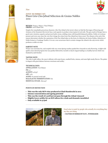 Pinot Gris Clos Jebsal Sélection de Grains Nobles 2011 Fact Sheet