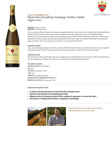 Pinot Gris Clos Jebsal, Vendange Tardive, Vielles Vignes 2012 Fact Sheet