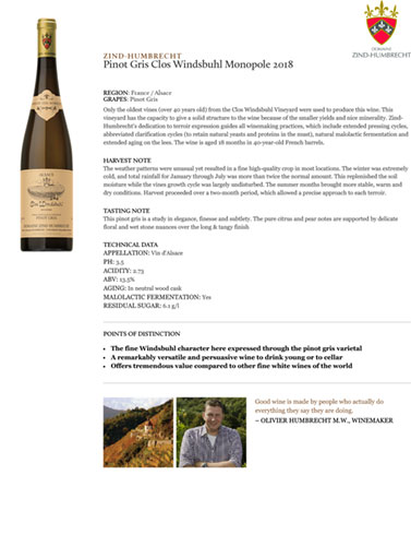 Pinot Gris Clos Windsbuhl Monopole 2018 Fact Sheet