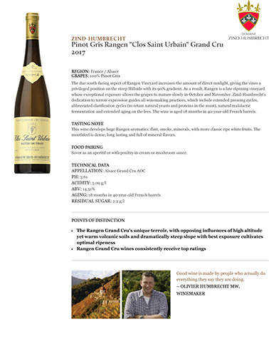 Pinot Gris Rangen “Clos Saint Urbain” Grand Cru 2017 Fact Sheet