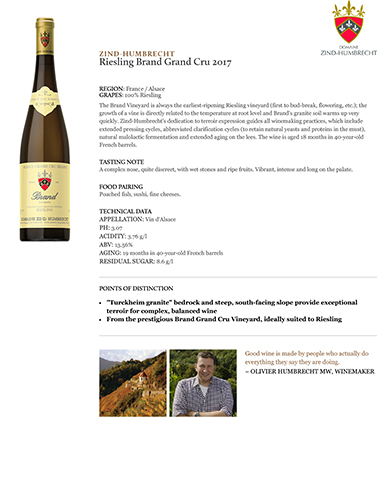 Riesling Brand Grand Cru 2017 Fact Sheet