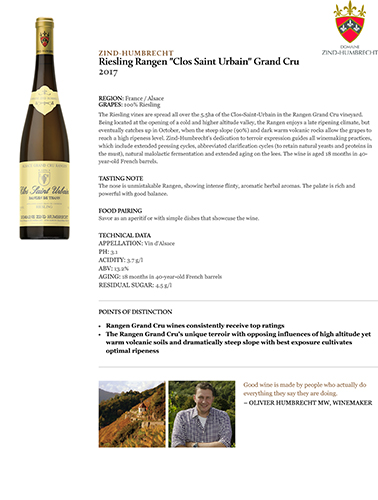 Riesling Rangen “Clos Saint Urbain” Grand Cru 2017 Fact Sheet