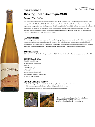 Riesling Roche Granitique 2018 Fact Sheet