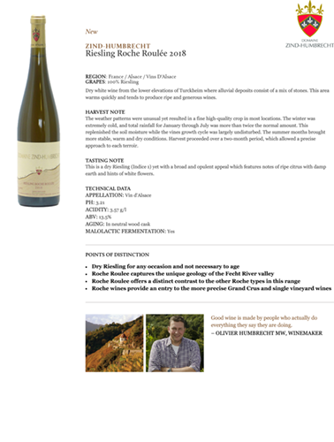 Riesling Roche Roulée 2018 Fact Sheet
