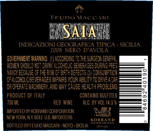 Saia Sicilia IGT Back Label