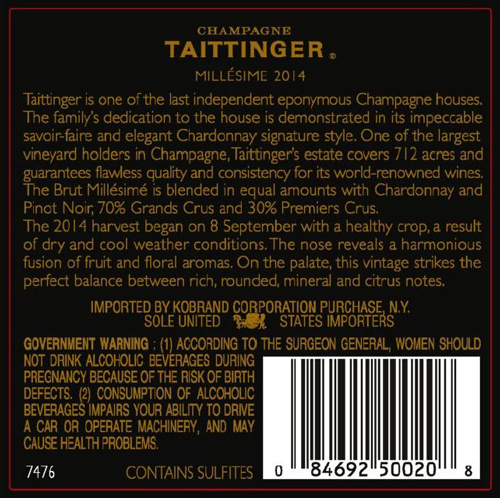 Brut Millésimé 2014 Back Label