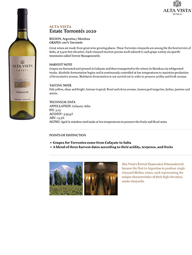 Estate Torrontés 2020 Fact Sheet