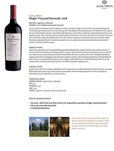 Single Vineyard Serenade 2018 Fact Sheet