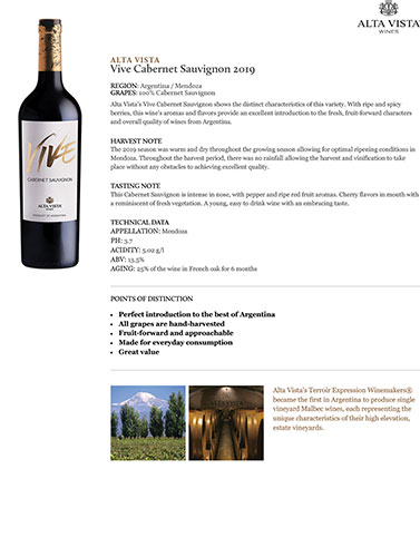 Vive Cabernet Sauvignon 2019 Fact Sheet