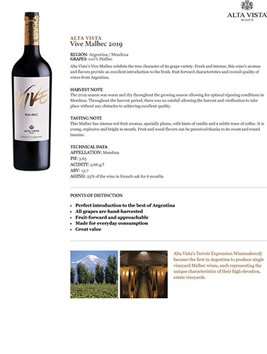 Vive Malbec 2019 Fact Sheet