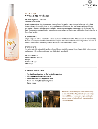 Vive Malbec Rosé 2021 Fact Sheet