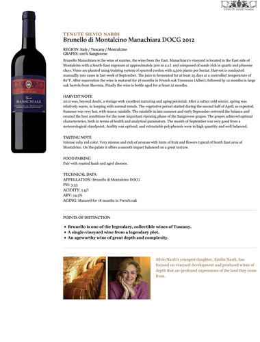 Brunello di Montalcino Manachiara DOCG 2012 Fact Sheet