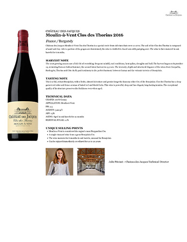 Moulin-à-Vent Clos des Thorins 2016 Fact Sheet