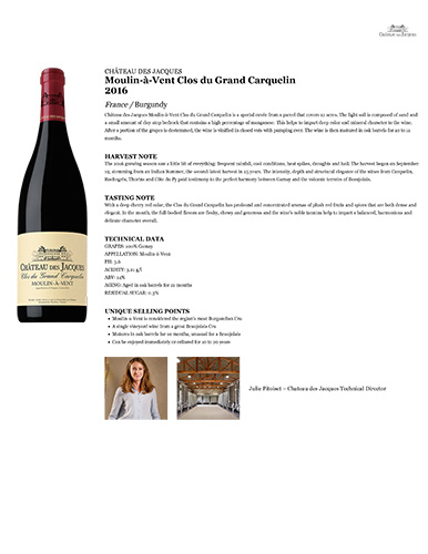 Moulin-à-Vent Clos du Grand Carquelin 2016 Fact Sheet