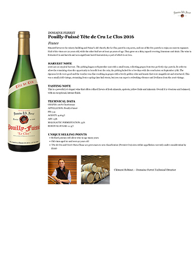 Pouilly-Fuissé Tête de Cru Le Clos 2016 Fact Sheet