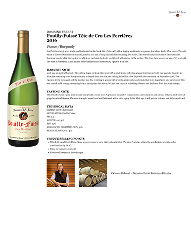 Pouilly-Fuissé Tête de Cru Les Perrières 2016 Fact Sheet