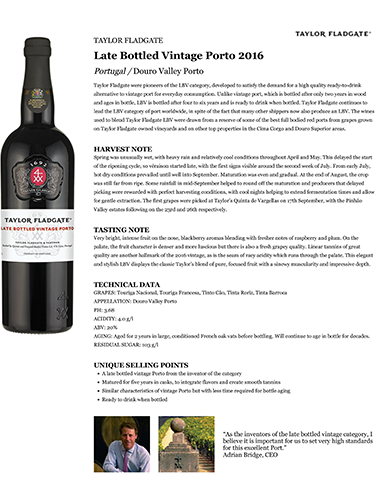 Late Bottled Vintage Porto 2016 Fact Sheet