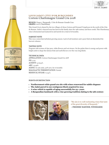 Corton-Charlemagne Grand Cru 2018 Fact Sheet