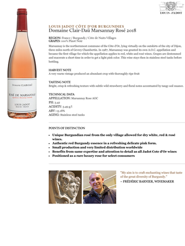 Domaine Clair-Daü Marsannay Rosé 2018 Fact Sheet