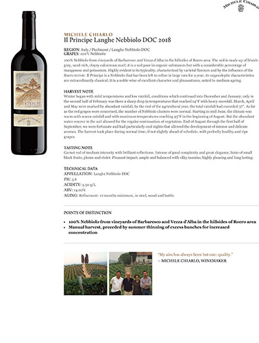 Il Principe Langhe Nebbiolo DOC 2018 Fact Sheet