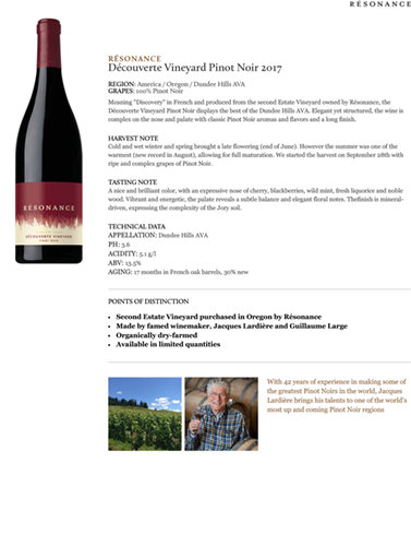 Découverte Vineyard Pinot Noir 2017 Fact Sheet