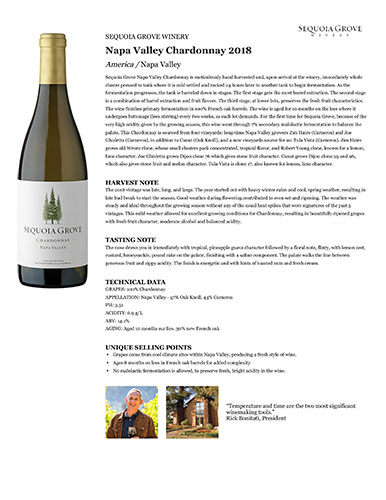 Napa Valley Chardonnay 2018 Fact Sheet