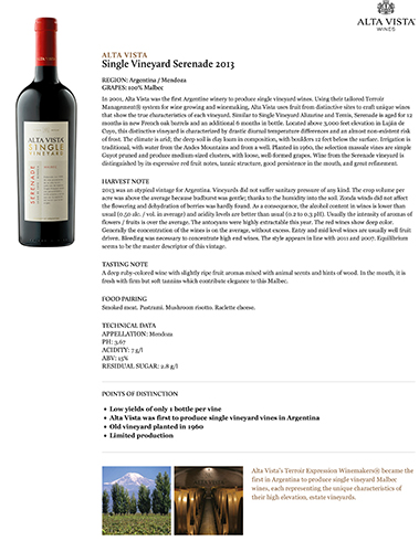 Single Vineyard Serenade 2013 Fact Sheet