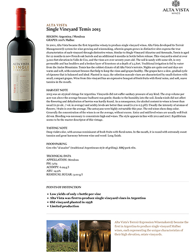 Single Vineyard Temis 2013 Fact Sheet