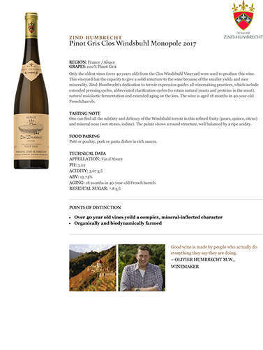 Pinot Gris Clos Windsbuhl Monopole 2017 Fact Sheet