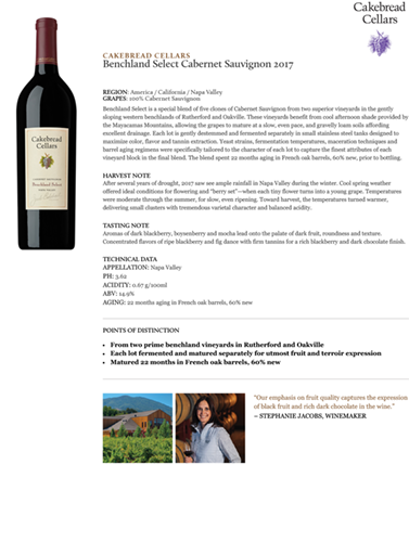 Benchland Select Cabernet Sauvignon 2017 Fact Sheet