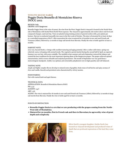 Poggio Doria Brunello di Montalcino Riserva DOCG 2012 Fact Sheet