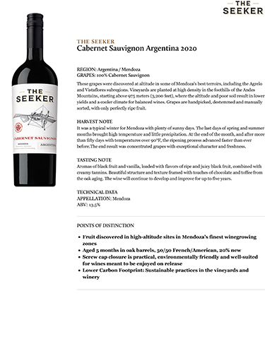 Cabernet Sauvignon Argentina 2020 Fact Sheet
