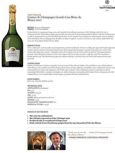 Comtes de Champagne Grands Crus Blanc de Blancs 2007 Fact Sheet