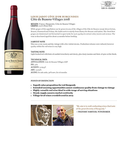 Côte de Beaune-Villages 2018 Fact Sheet