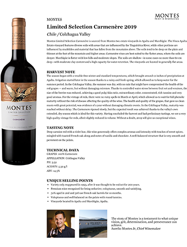 Limited Selection Carmenère 2019 Fact Sheet