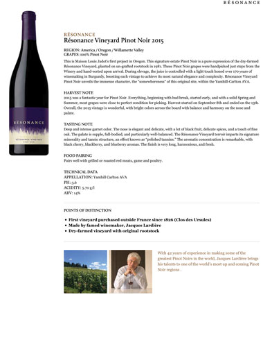 Résonance Vineyard Pinot Noir 2015 Fact Sheet