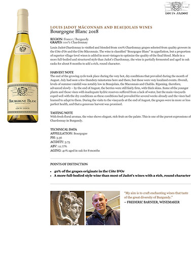 Bourgogne Blanc 2018 Fact Sheet