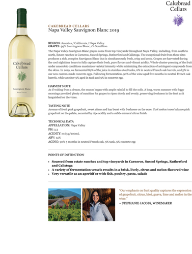 Napa Valley Sauvignon Blanc 2019 Fact Sheet