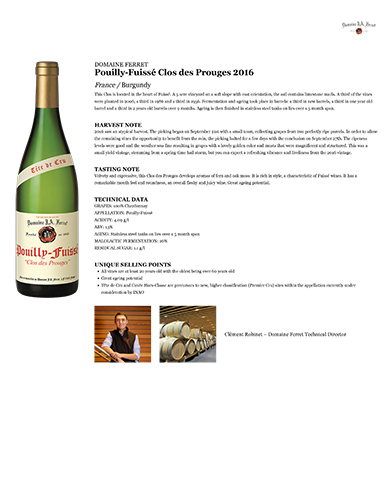 Pouilly-Fuissé Clos des Prouges 2016 Fact Sheet