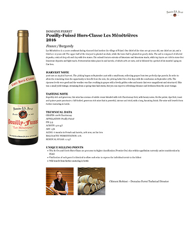 Pouilly-Fuissé Hors-Classe Les Ménétrières 2016 Fact Sheet