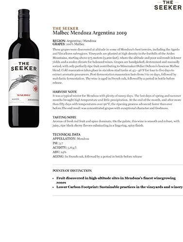 Malbec Mendoza Argentina 2019 Fact Sheet