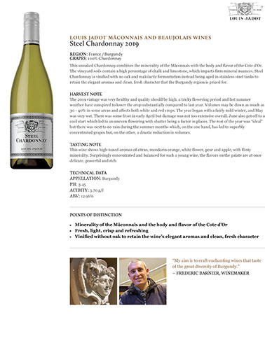 Steel Chardonnay 2019 Fact Sheet