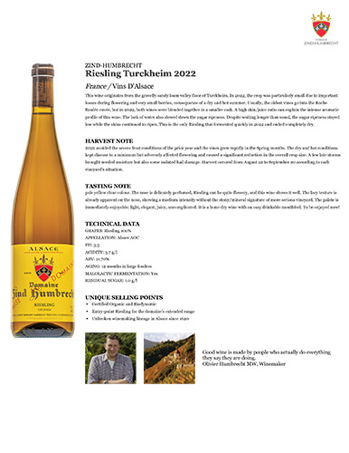 Riesling Turckheim 2022 Fact Sheet