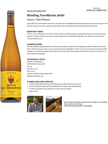 Riesling Turckheim 2020 Fact Sheet