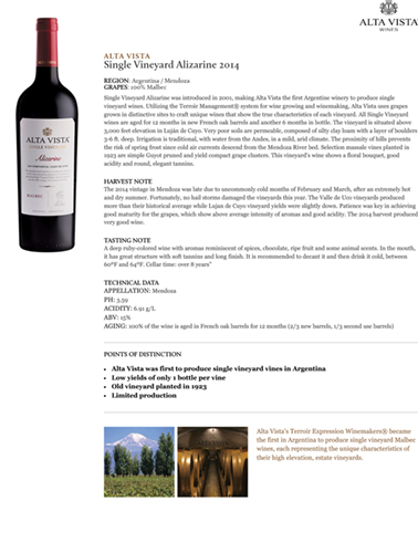 Single Vineyard Alizarine 2014 Fact Sheet
