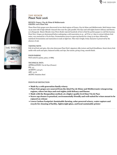 Pinot Noir 2016 Fact Sheet